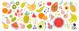 Fototapeta  - Fruit collection in flat hand drawn style, illustrations set. Tropical fruit and graphic design elements. Ingredients color cliparts. Sketch style smoothie or juice ingredients.