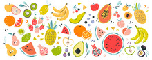Fruit Collection In Flat Hand Drawn Style, Illustrations Set. Tropical Fruit And Graphic Design Elements. Ingredients Color Cliparts. Sketch Style Smoothie Or Juice Ingredients.
