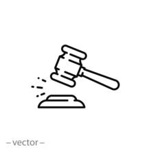 Judge Gavel Icon, Concept Punishment, Bid Auction, Thin Line Symbol On White Background - Editable Stroke Vector Illustration Eps 10