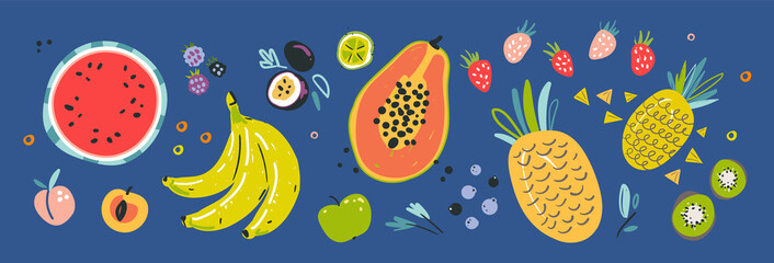 Fruit collection in flat hand drawn style, illustrations set. Tropical fruit and graphic design elements. Ingredients color cliparts. Sketch style smoothie or juice ingredients.