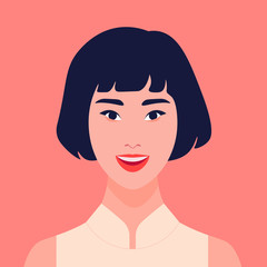 Avatar of an Asian girl. Happy eastern student. The happy woman smiles. Vector flat illustration