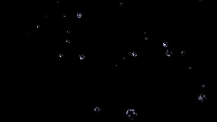 Diamonds Explosion Realistic 3d render. Crystals floating on black background collide and fly. White transparent Gem stones 
