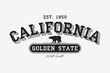 California modern typography for t-shirt. California college tee shirt with grizzly bear. Golden State slogan. Vector illustration.