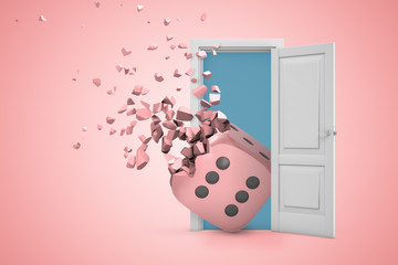 Poster - 3d rendering of white open doorway with casino dice shattering into pieces on light pink background