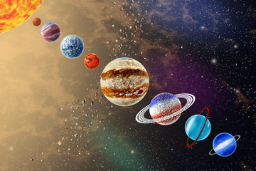 Wall Mural - Planets of the solar system on background Sun and starry sky