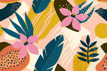 Collage Contemporary Floral Seamless Pattern. Modern Exotic Jungle Fruits And Plants Illustration In Vector.