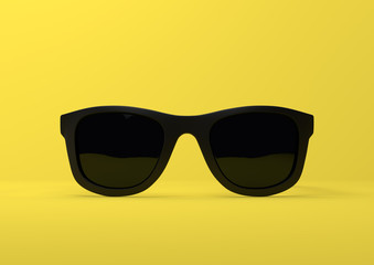 black summer sunglasses falling down on a pastel bright yellow background. front view. creative mini