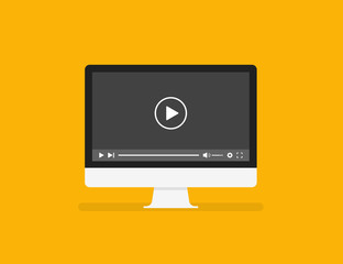 Poster - personal computer screen in trendy flat style isolated on yellow background with media player.