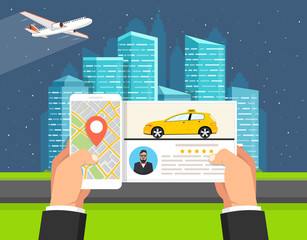 Poster - Hand holding smartphone with taxi service app on the screen. Online taxi driver card. City skyscrapers and airplane on the background. Vector illustration.