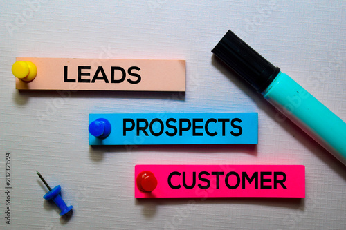 Fotografía Leads, Prospects, Customer text on sticky notes isolated on office desk