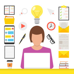 Poster - Online learning, e-learning concept. Woman at computer in his room. Flat webinar icons set, modern flat design graphic elements for web banners, websites, infographics. Vector illustration.