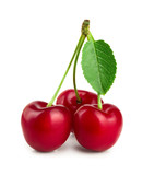 Fototapeta  - Sweet red cherries with leaves isolated on white background macro