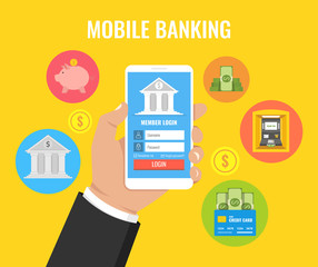Poster - Concept for mobile banking and online payment. Finance icons set. Vector illustration.