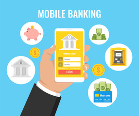 Poster - Concept for mobile banking and online payment. Finance icons set. Vector illustration.