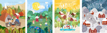 4 Seasons: Autumn, Winter, Spring, Summer. Vector Cute Illustration Of A Family On Nature In The Camp, Traveling By Car, And People On The Street For The New Year And Christmas