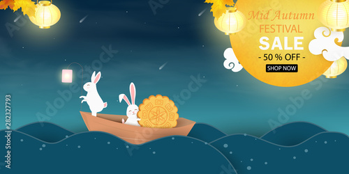 Mid Autumn Festival Sale Template For Online Business Promotion Banner Internet Store Offer Chinese Mid Autumn Festival Design With Traditional Symbols Full Moon Rabbits Bunny Lotus Flower Buy This Stock Vector