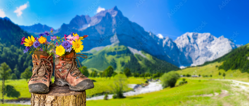 Wanderschuhe mit Blumen in schöner bayerischer Landschaft - obrazy, fototapety, plakaty 