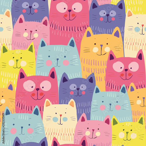 Cotton fabric Cute cats colorful seamless pattern background