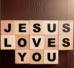 Sticker - Jesus Loves You Spelled in Blocks on a Leather Holy Bible