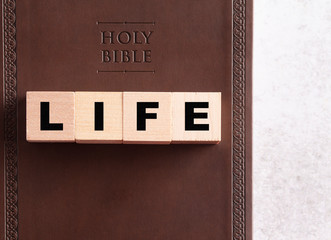 Sticker - Life Spelled in Blocks on a Leather Holy Bible