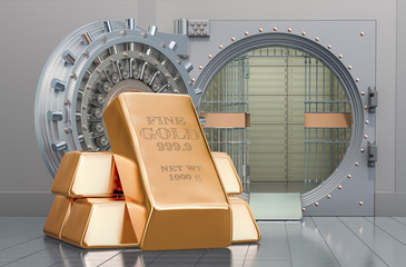 Poster - Golden ingots with opened bank vault, 3D rendering