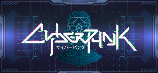 Wall Mural - Cyberpunk Colorful Futuristic Lettering Banner with 3D face recognition model and futuristic HUD interface. Digital design background. T-shirt vector. Japanese inscription translation - cyberpunk.