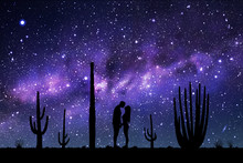 Lovers Between Cactuses In Park At Night. Vector Illustration With Silhouette Of Loving Couple. Landscape With Cacti. Space Dark Background With Starry Sky And Milky Way