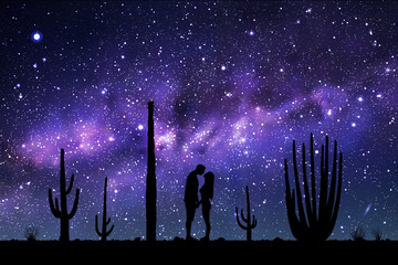 Canvas Print - Lovers between cactuses in park at night. Vector illustration with silhouette of loving couple. Landscape with cacti. Space dark background with starry sky and Milky Way