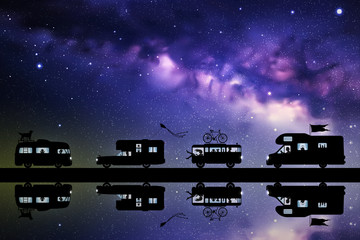 Sticker - Cartoon retro cars on road at night. Vector illustration with silhouettes of people and pets traveling in campers. Family road trip. Space dark background with starry sky and Milky Way