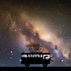 Sticker - Cartoon retro car on road at night. Vector illustration with silhouettes of parents with children traveling in camper. Family road trip. Space dark background with starry sky and Milky Way