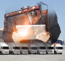 Double exposure of man with world map for logistic network distribution on background and Logistics Industrial Container Cargo freight ship for shipping and Transportation, import-export