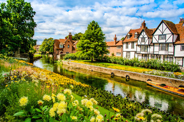 Canterbury, Kent, UK: Landscape of the Great Stour river running through old timbered houses near Westgate Gardens.