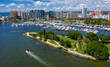 Drone view of Marina Jack from Bayfront park looking North and East with the Sarasota high rise landscape