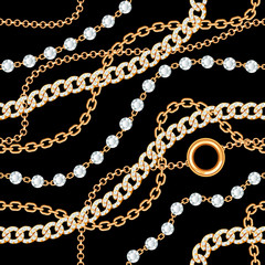 Seamless pattern background with gemstones and chains golden metallic necklace. On black. Vector illustration