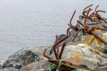 Wall Mural - row of old rusty anchors on rocks, Newfoundland coast