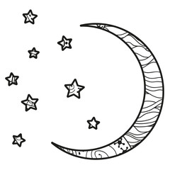 Wall Mural - Crescent moon with stars with abstract patterns on isolation background. Design for spiritual relaxation for adults. Black and white illustration for anti stress colouring page