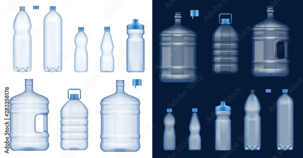 Water bottle mockups. Plastic drink containers - obrazy, fototapety, plakaty 