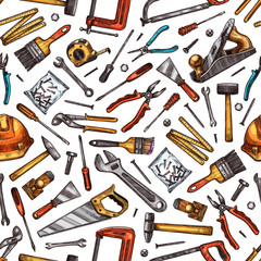 Wall Mural - Tools seamless pattern of hammer, screwdriver, saw