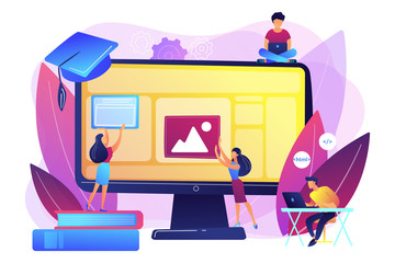 Poster - E-learning, online classes and webinars. Remote IT studying. Web development courses, web development programming, top online coding courses concept. Bright vibrant violet vector isolated illustration