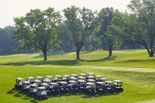 Golf Carts All Lined Up And Preparing For A Big Golf Tournament In The Middle Of The Golf Course