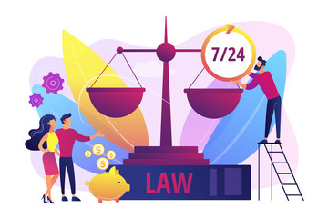 Wall Mural - Attorney company, legal consulting and support. Notary clients. Legal services, lawyer referral service, get professional legal help concept. Bright vibrant violet vector isolated illustration