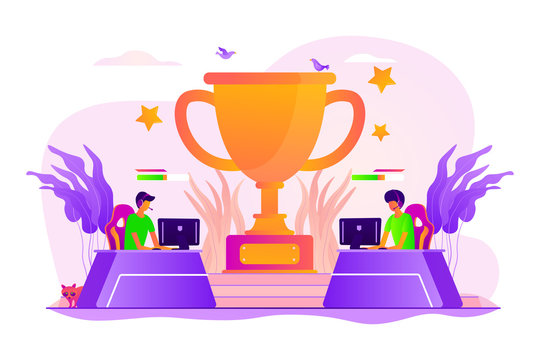Professional gamers competition. Video game online tournament, electronic entertainment. E-sport, cybersport market, competitive computer gaming concept. Vector isolated concept creative illustration