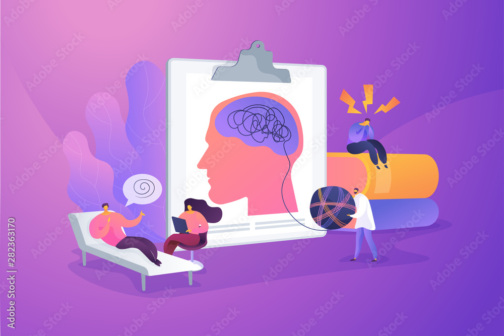 Psychotherapy practice, psychiatrist consulting patient. Mental disorder treatment. Psychologist service, private counseling, family psychology concept. Vector isolated concept creative illustration - obrazy, fototapety, plakaty 