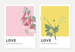 © momosama - Minimalist botanical valentine greeting card template design, Fuchsia icy pink flowers on pink and creeping buttercup flowers on yellow