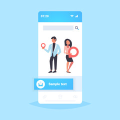 Poster - couple holding geo pin tag pointer man woman with location marker gps navigation business position travel concept smartphone screen mobile application flat full length