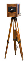 Retro Camera On A Wooden Tripod Isolated On White