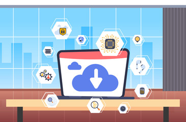 Poster - laptop screen with online data synchronization cloud database computing technology storage concept downloading files process workplace desk office interior flat horizontal