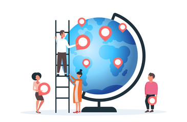 Poster - people placing geo tags pointers on globe men women near earth planet holding location markers gps navigation business position travel concept flat full length horizontal