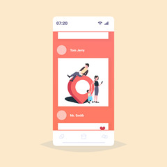 Poster - people using gadgets online navigation app geo pin tag pointer location marker gps position concept smartphone screen mobile application flat full length