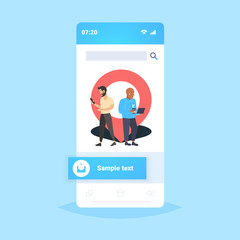 Poster - men using gadgets online navigation app geo pin tag pointer mix race guys near location marker gps position concept smartphone screen mobile application flat full length